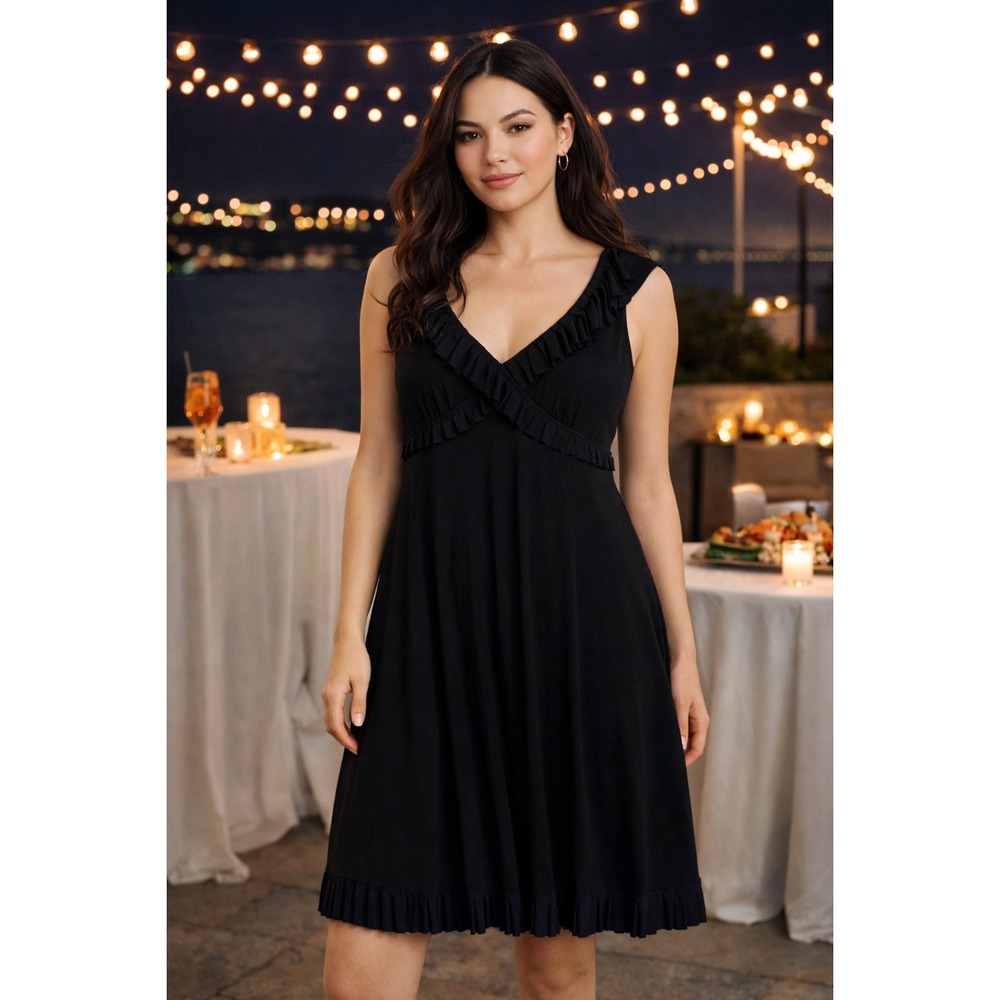 NWT: Cynthia Rowley Black Ruffle V-Neck Fit and Flare Dress Size L (O754)